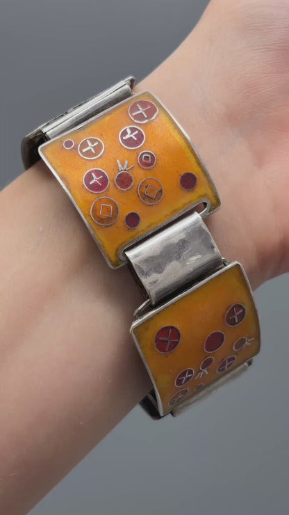 Estate German Polychrome Matte Enamel & Sterling Silver Large Link Bracelet No 13