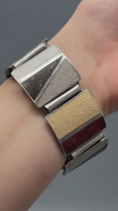 Estate German Polychrome Matte Enamel & Sterling Silver Large Link Bracelet No 18