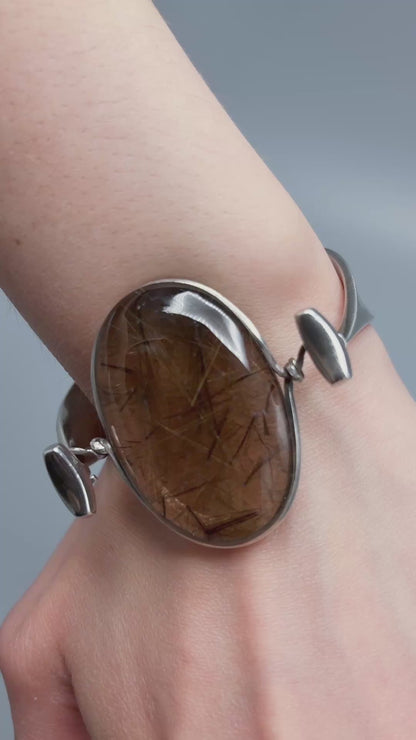 Vintage Georg Jensen Sterling Silver Smokey Rutilated Quartz Bangle No 203 by Vivianna Torun