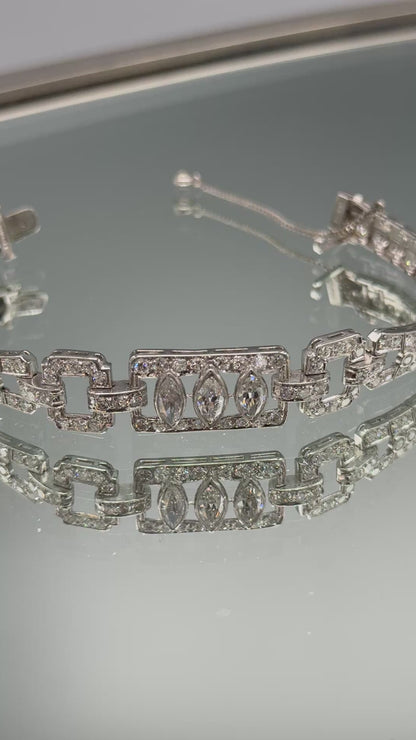 Estate Diamond Tennis Bracelet with Three Marquise Center Stones in Platinum