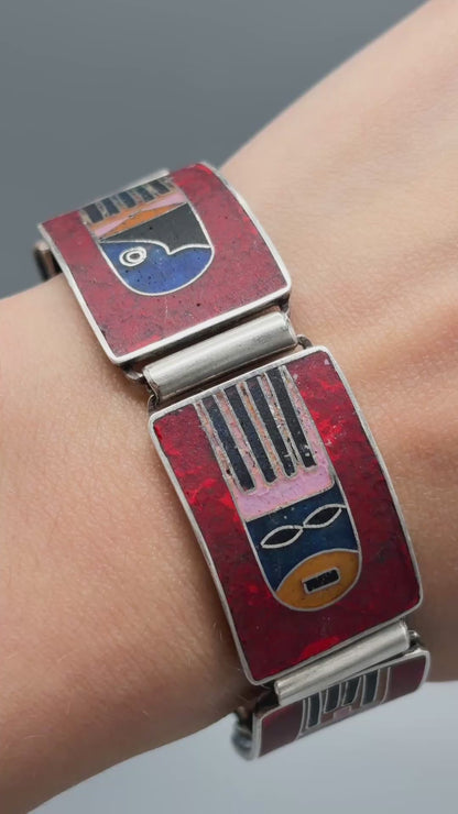 Estate German Polychrome Matte Enamel & Sterling Silver Medium Link Bracelet No 5