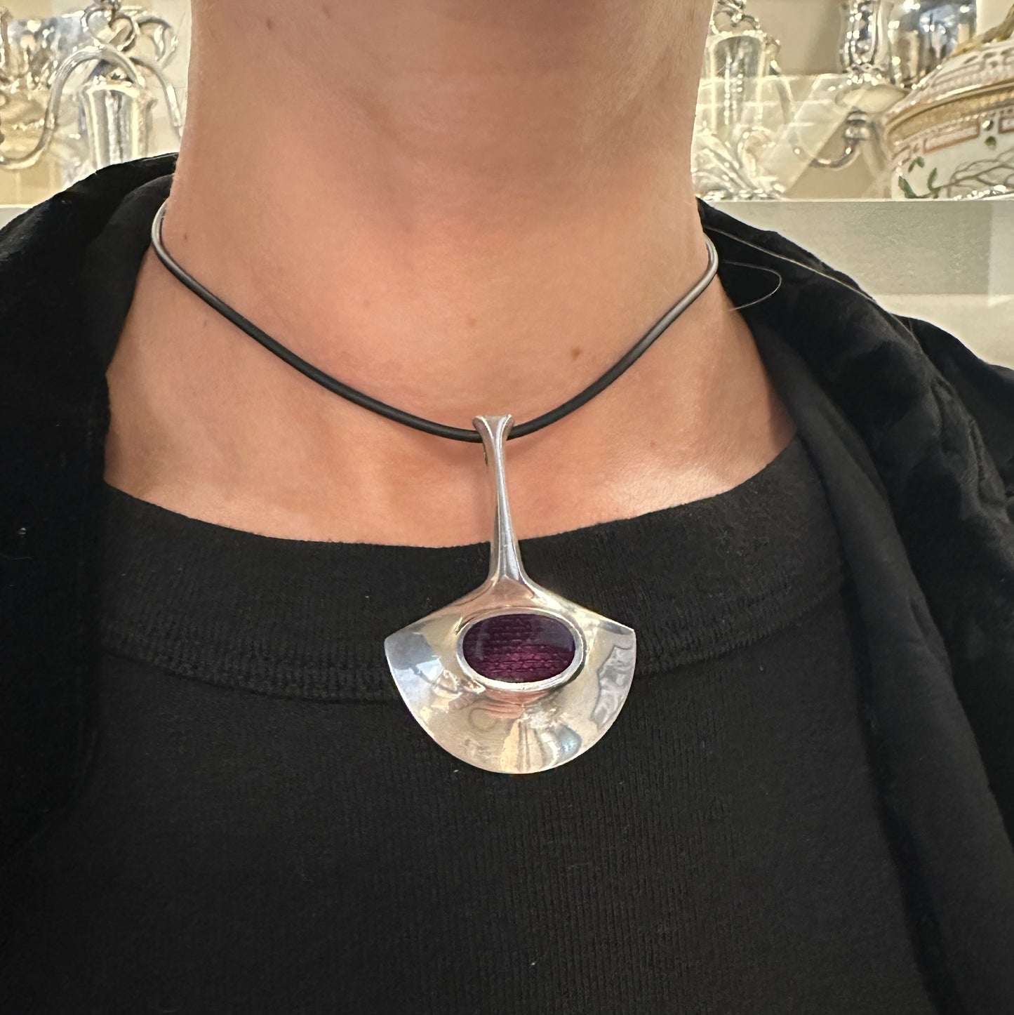 Estate David Andersen Sterling Silver & Purple Enamel Pendant by Bjørn Sigurd Østern