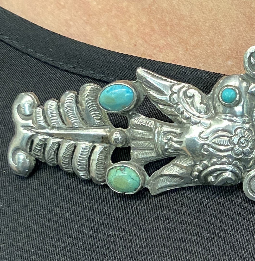 Estate Matl Silver and Turquoise Brooch with Lovebirds