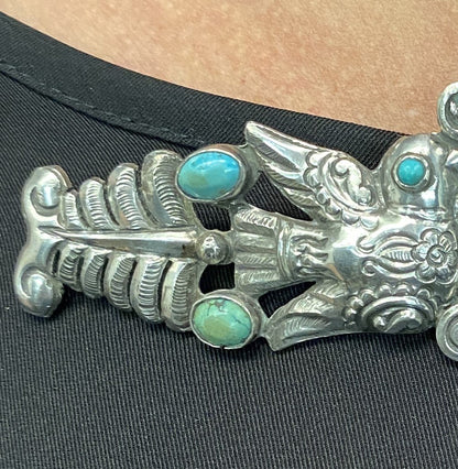 Estate Matl Silver and Turquoise Brooch with Lovebirds