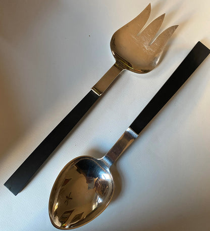 Pr of Extra Lrg Allan Adler Sterling Silver Salad Servers with Ebony Handles