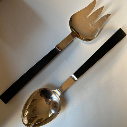 Pr of Extra Lrg Allan Adler Sterling Silver Salad Servers with Ebony Handles