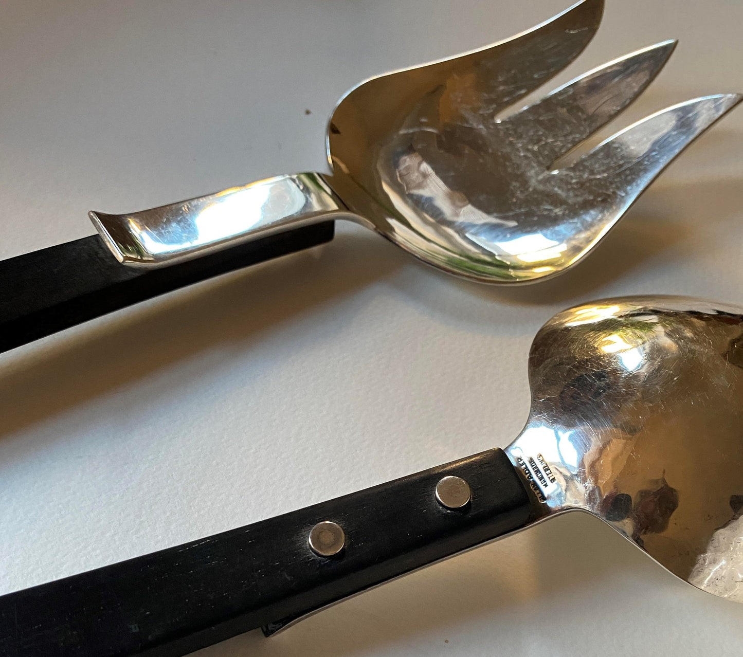 Pr of Extra Lrg Allan Adler Sterling Silver Salad Servers with Ebony Handles