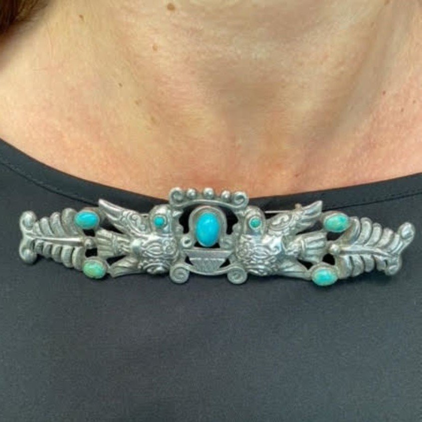 Estate Matl Silver and Turquoise Brooch with Lovebirds