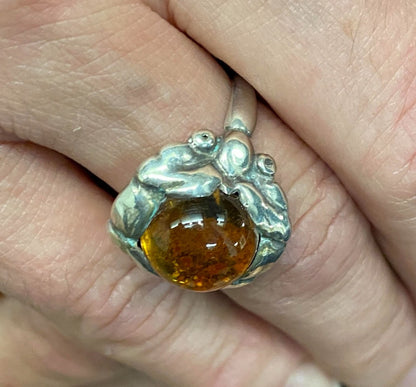 Estate Georg Jensen Early Sterling Silver Ring with Amber Design No 11A