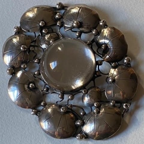 Mary Gage Sterling Silver Brooch with Rock Crystal Cabochon
